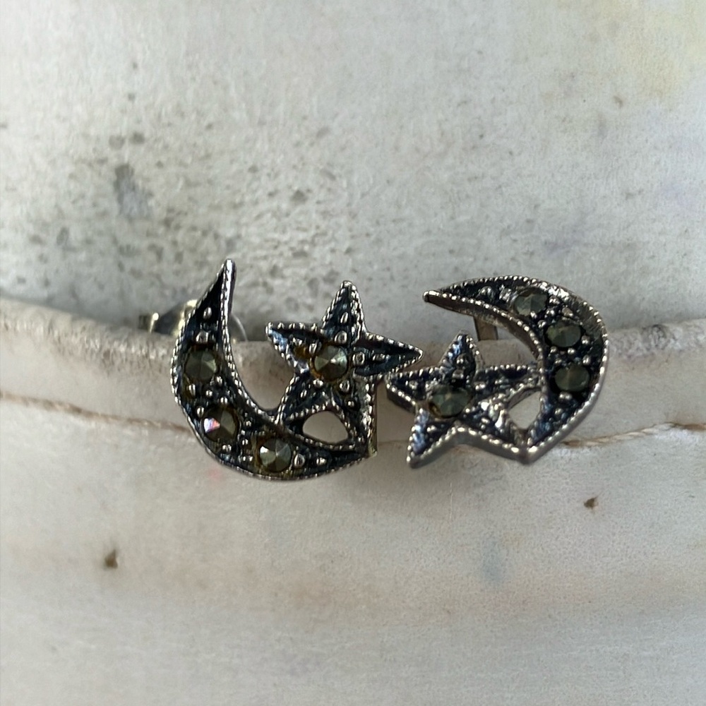 Tiny Sterling Silver Star And Moon Post Earrings - image 2